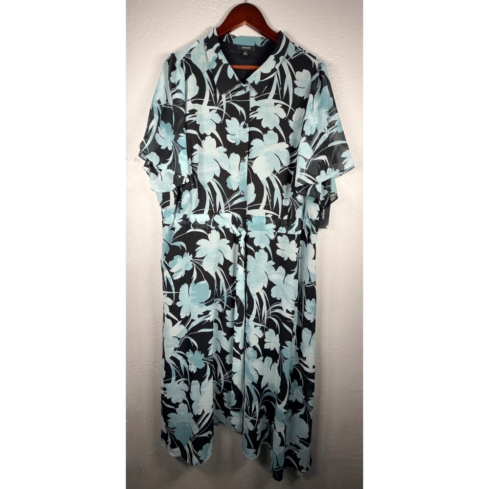 Alfani Plus Size 3X Deco Breeze Floral Midi Dress Blue Black Button Front NWT